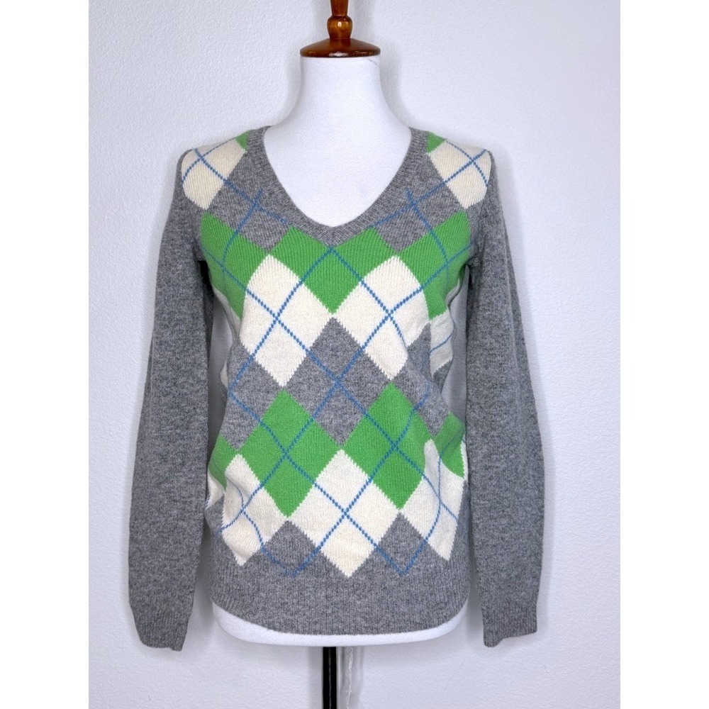 GAP Argyle‎ Womens V-neck Sweater XS Lambswool Gray Green Cream Preppy Academia